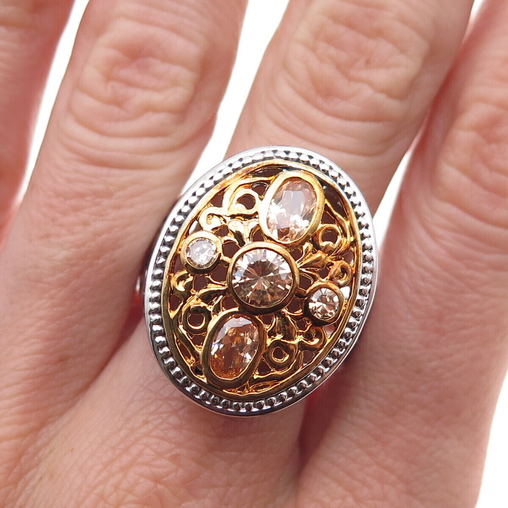 925 Sterling Silver 2-Tone Champagne C Z Floral Scroll Ring Size 9.5